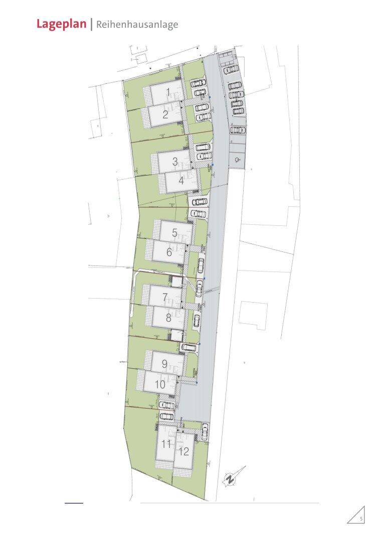 Lageplan der Reihenhausanlage mit nummerierten Wohneinheiten, Gärten und zugehörigen Parkplätzen.