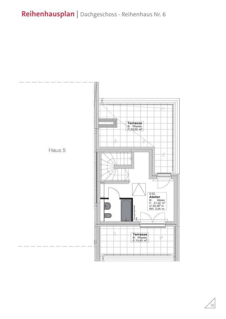 Grundriss des Dachgeschosses mit Atelier, Bad und zwei Dachterrassen.