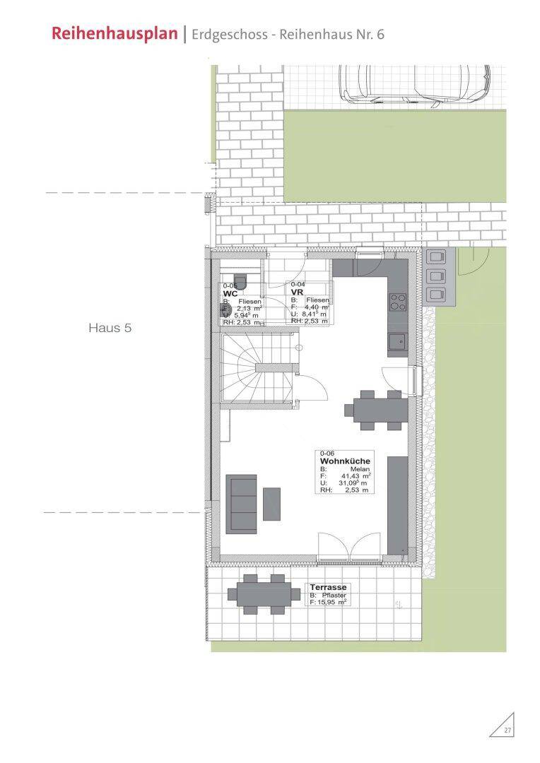 Grundriss des Erdgeschosses mit offenem Wohn-Essbereich, Küche und Zugang zur Terrasse.