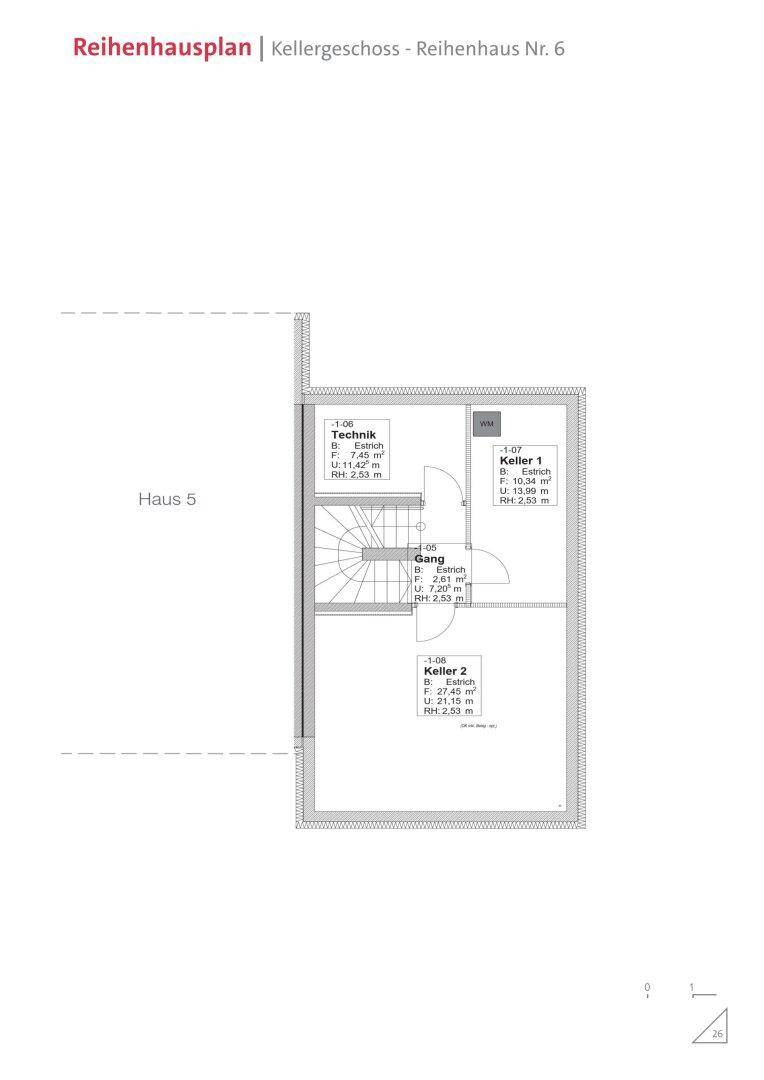 Grundriss des Kellergeschosses mit Technikraum und zwei Kellerräumen.