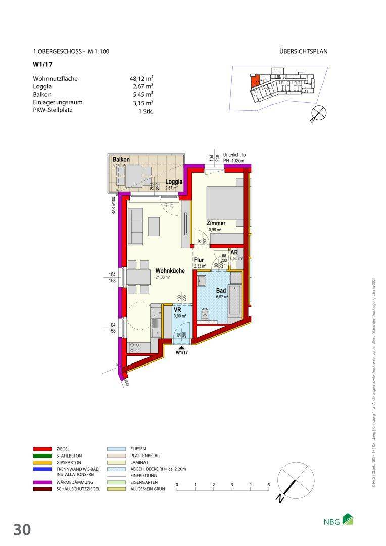 Grundriss einer Wohnung mit offener Wohnküche, Schlafzimmer, Bad, WC, Balkon und Loggia.