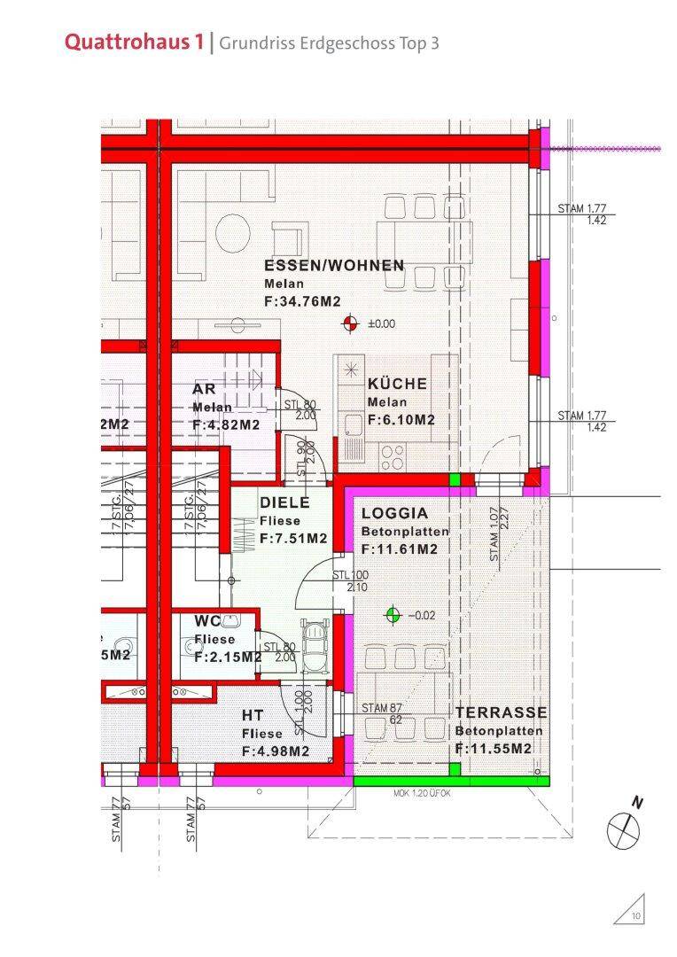Grundriss des Erdgeschosses mit offenem Wohn-Essbereich, Küche, Diele, WC, Loggia und Terrasse.