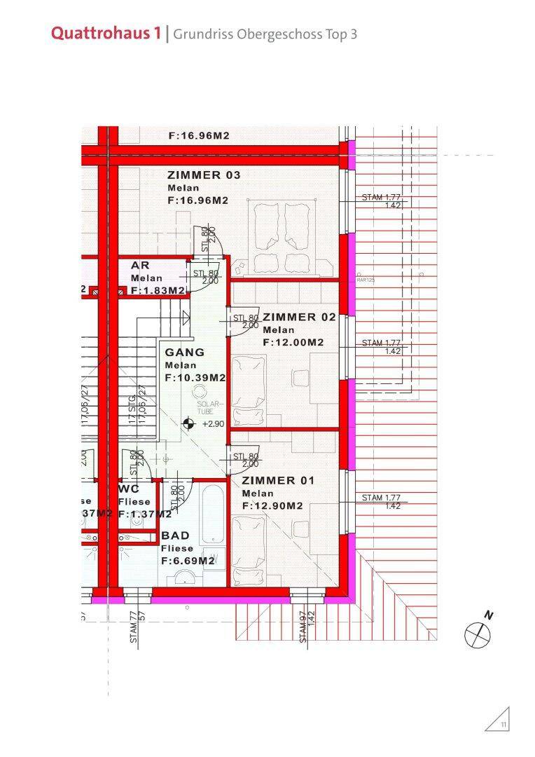 Grundriss des Obergeschosses mit drei Schlafzimmern, einem Badezimmer, separatem WC und Abstellraum.