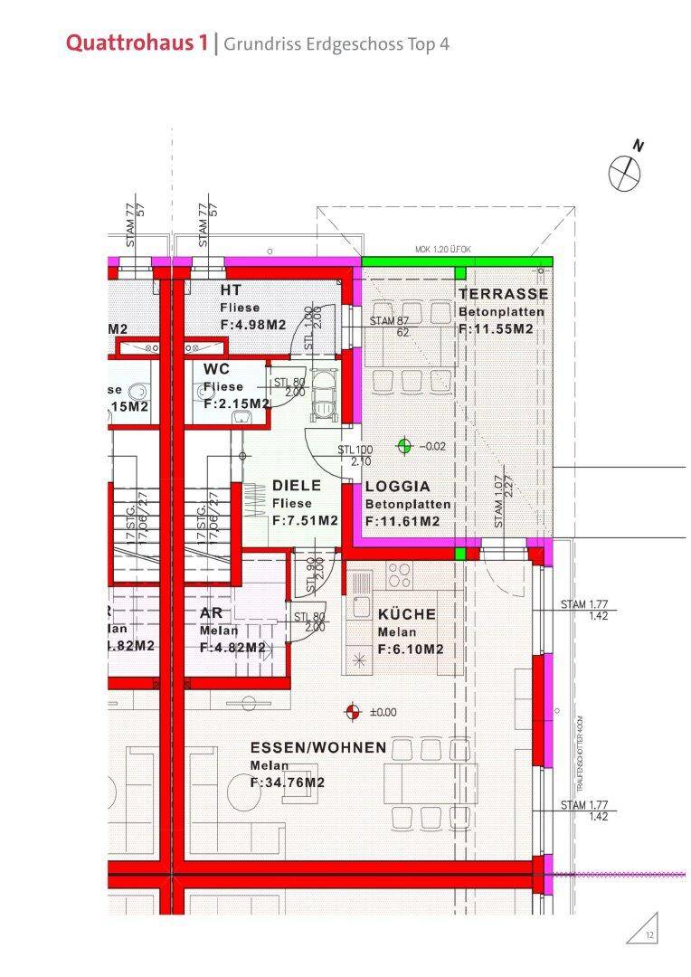 Grundriss des Erdgeschosses mit offener Küche, Wohn-Essbereich, Terrasse und Loggia.