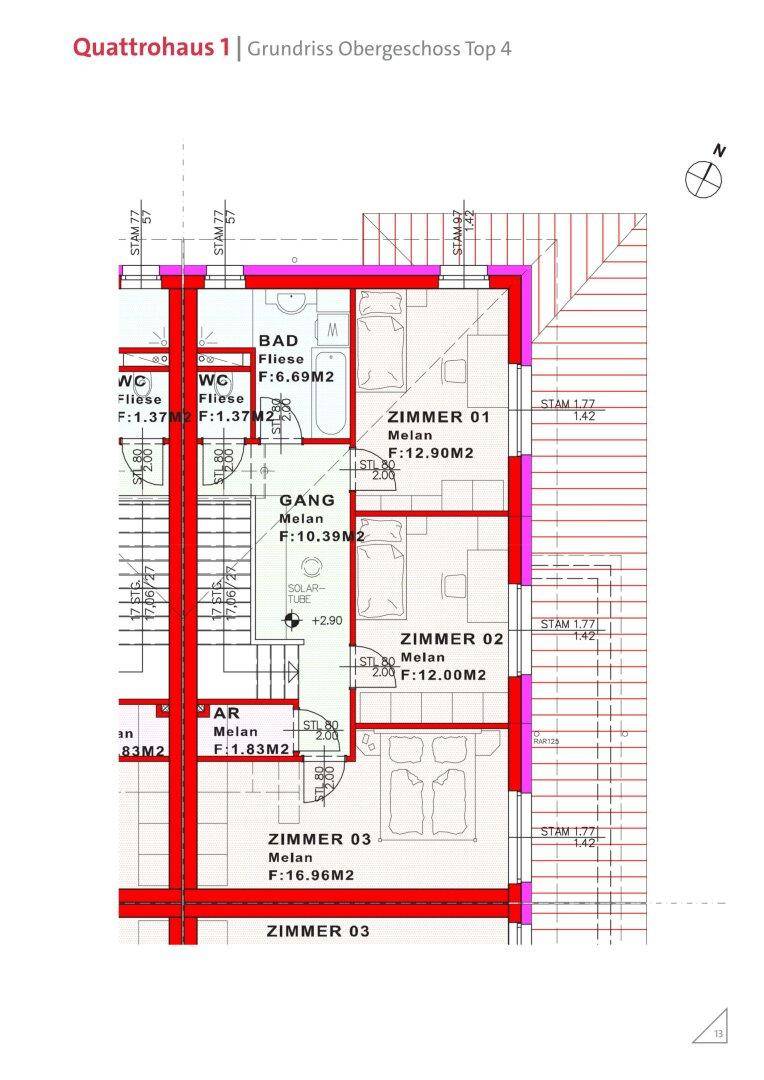 Grundriss des Obergeschosses mit drei Schlafzimmern, Bad und separatem WC.