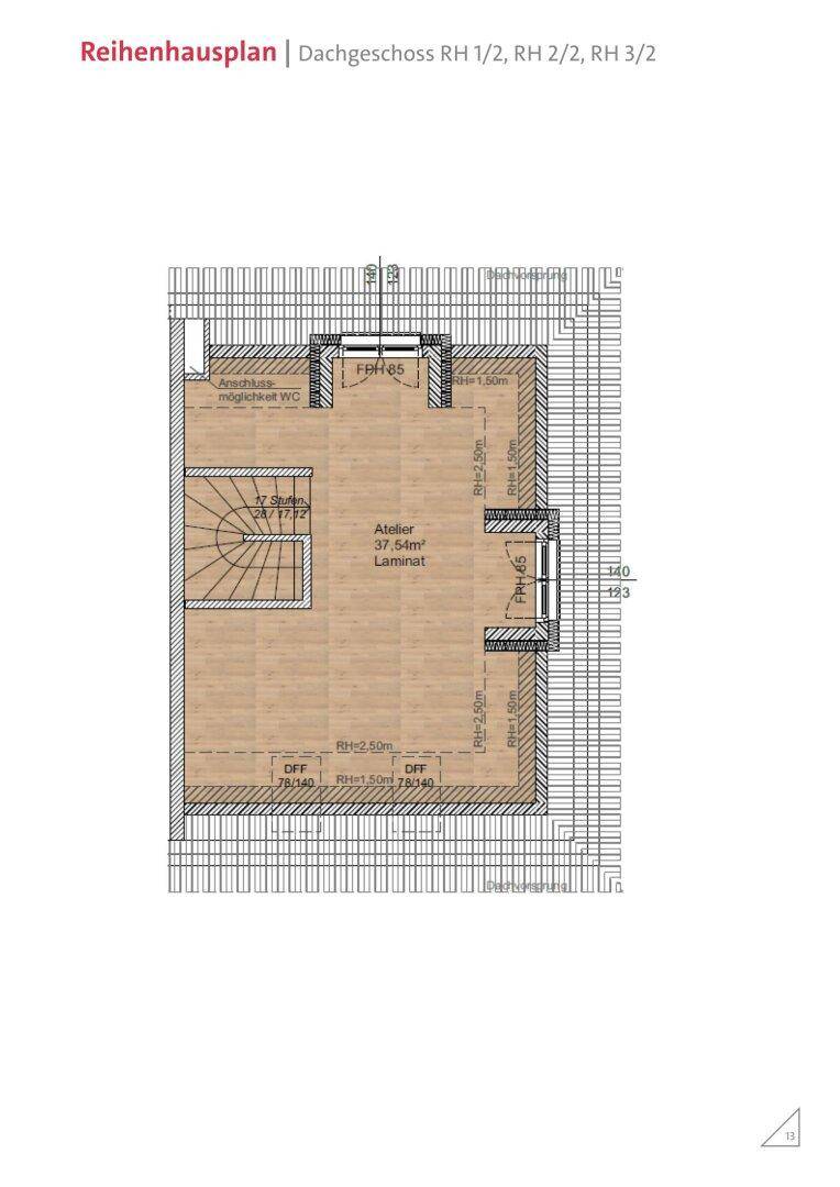 Grundriss des Dachgeschosses mit Atelier, Dachschrägen und optionalem WC.
