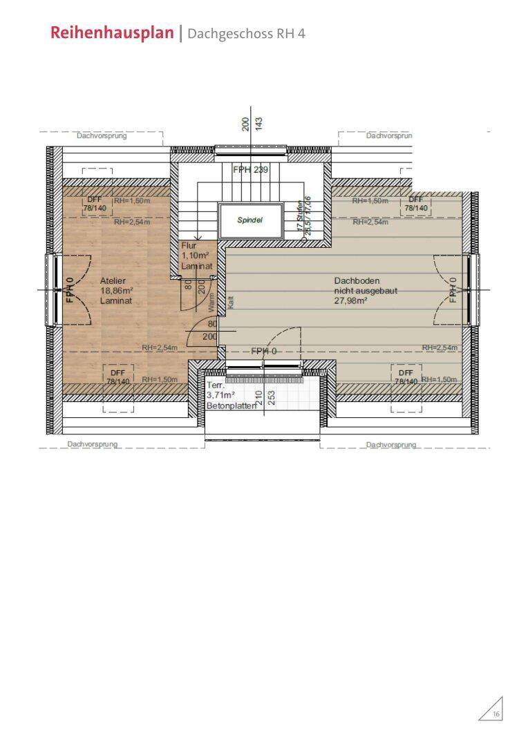 Grundriss des Dachgeschosses eines Reihenhauses mit Atelier, Dachboden und kleiner Terrasse.