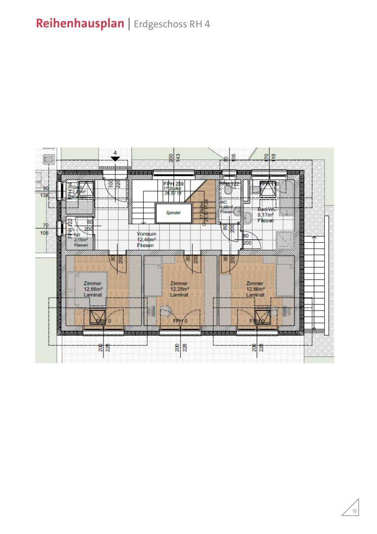 Grundriss des Erdgeschosses eines Reihenhauses mit drei Schlafzimmern und Bad/WC.