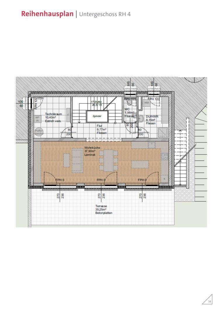 Grundriss des Untergeschosses eines Reihenhauses mit Wohnküche und Zugang zur Terrasse.