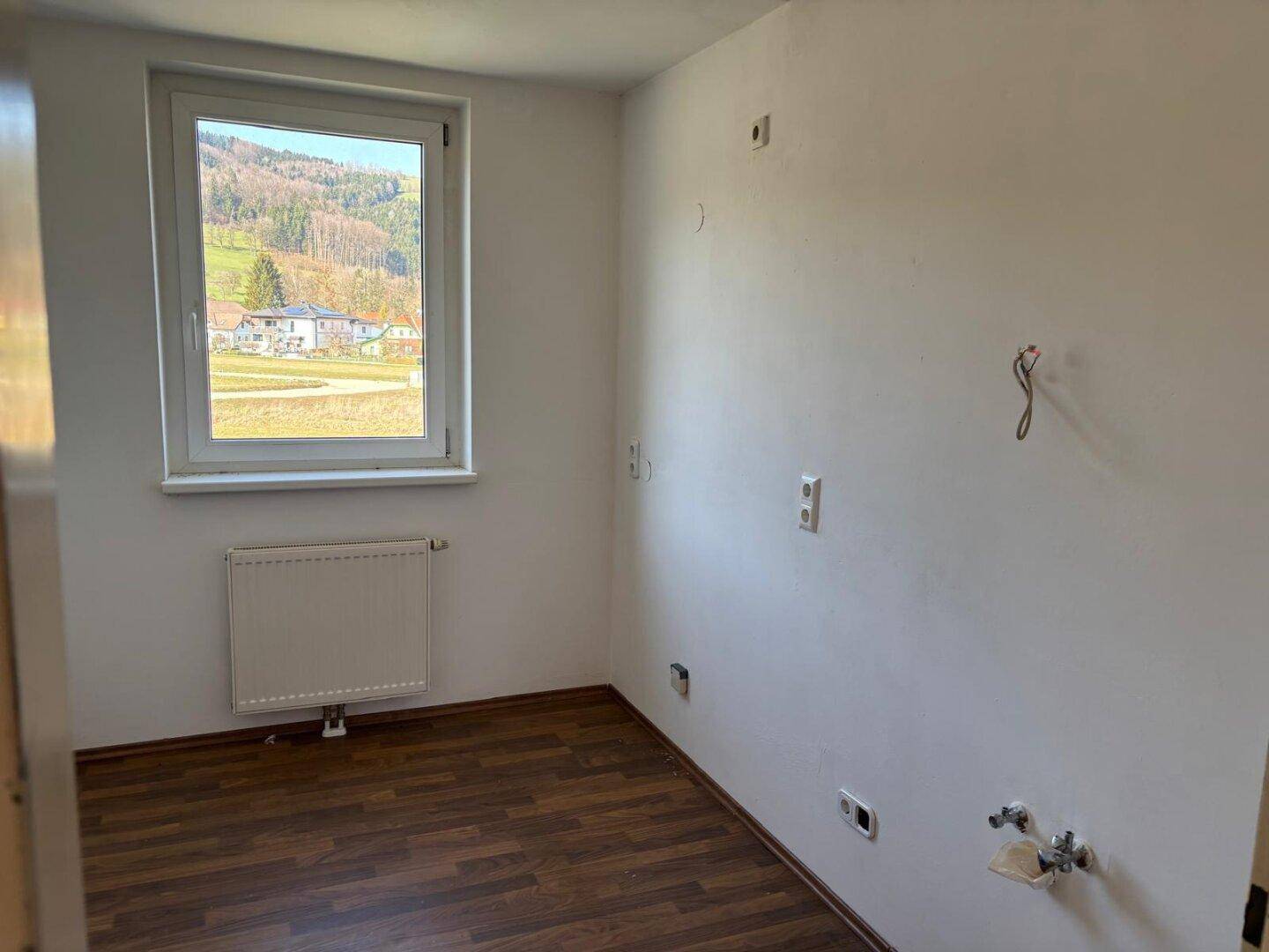Leerer Raum mit dunklem Laminatboden und Anschlüssen für eine Küche, mit Fensterblick auf die Natur.