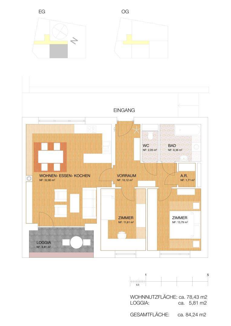 Grundriss einer Wohnung mit offenem Wohn-Ess-Kochbereich, zwei Zimmern, Bad, WC und Loggia.