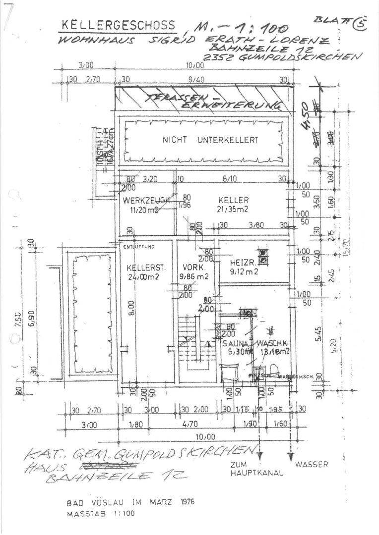 Grundriss des Kellergeschosses mit Keller, Heizraum, Sauna und Werkzeugraum.