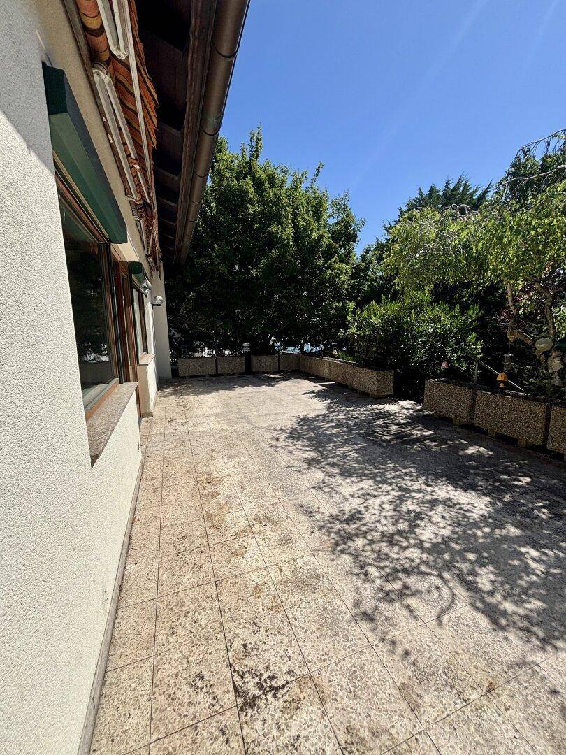 Große gepflasterte Terrasse neben dem Haus mit viel Grün und Sonnenschein.
