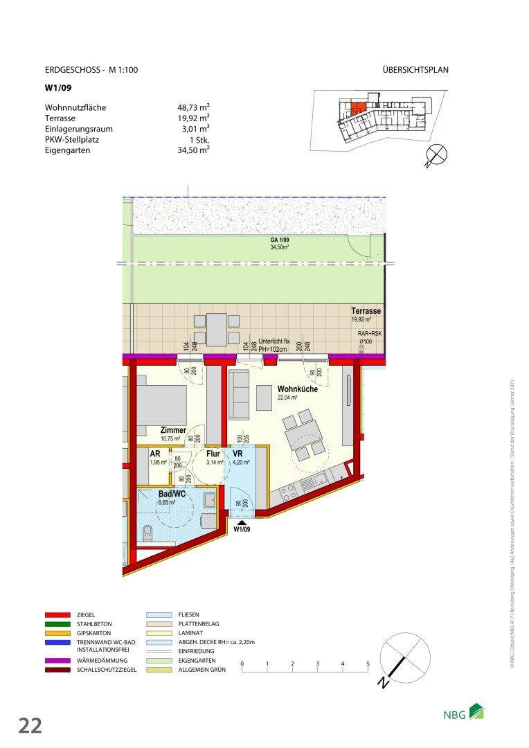 Grundriss einer Erdgeschosswohnung mit offener Wohnküche, einem Schlafzimmer, Bad, Terrasse und eigenem Garten.