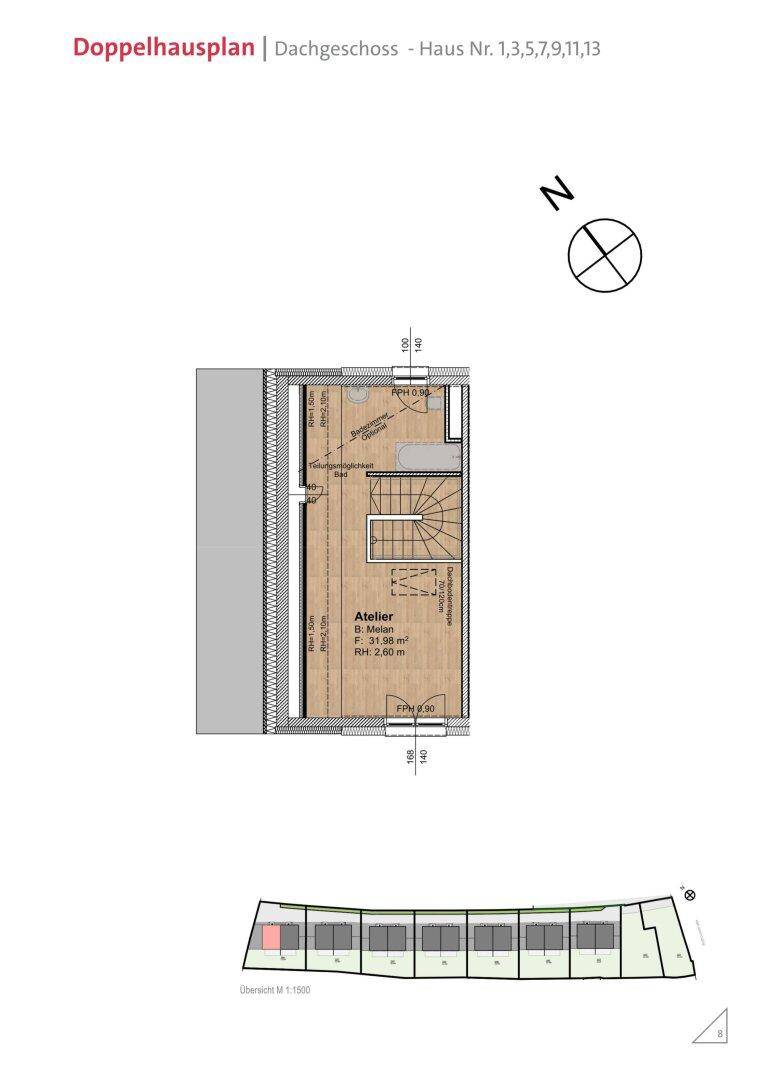 Grundriss des Dachgeschosses mit einem großzügigen Atelier und Zugang über eine interne Treppe.