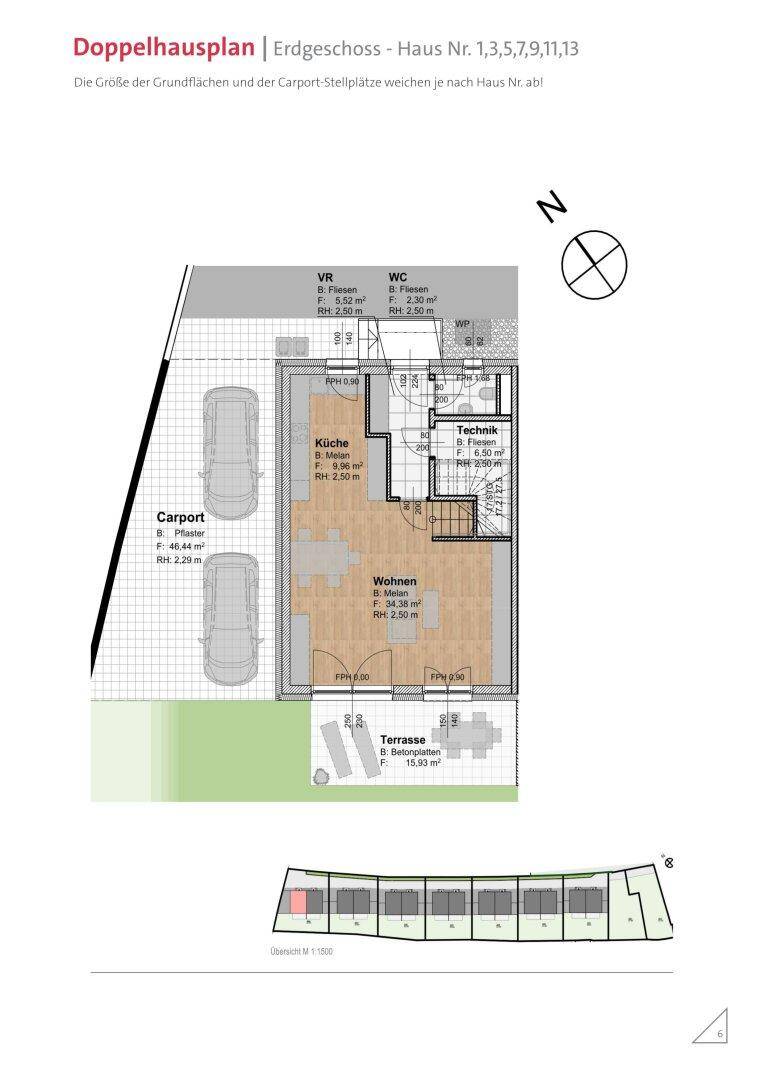 Grundriss des Erdgeschosses mit offenem Wohnbereich, Küche, Gäste-WC und direktem Zugang zur Terrasse und Carport.