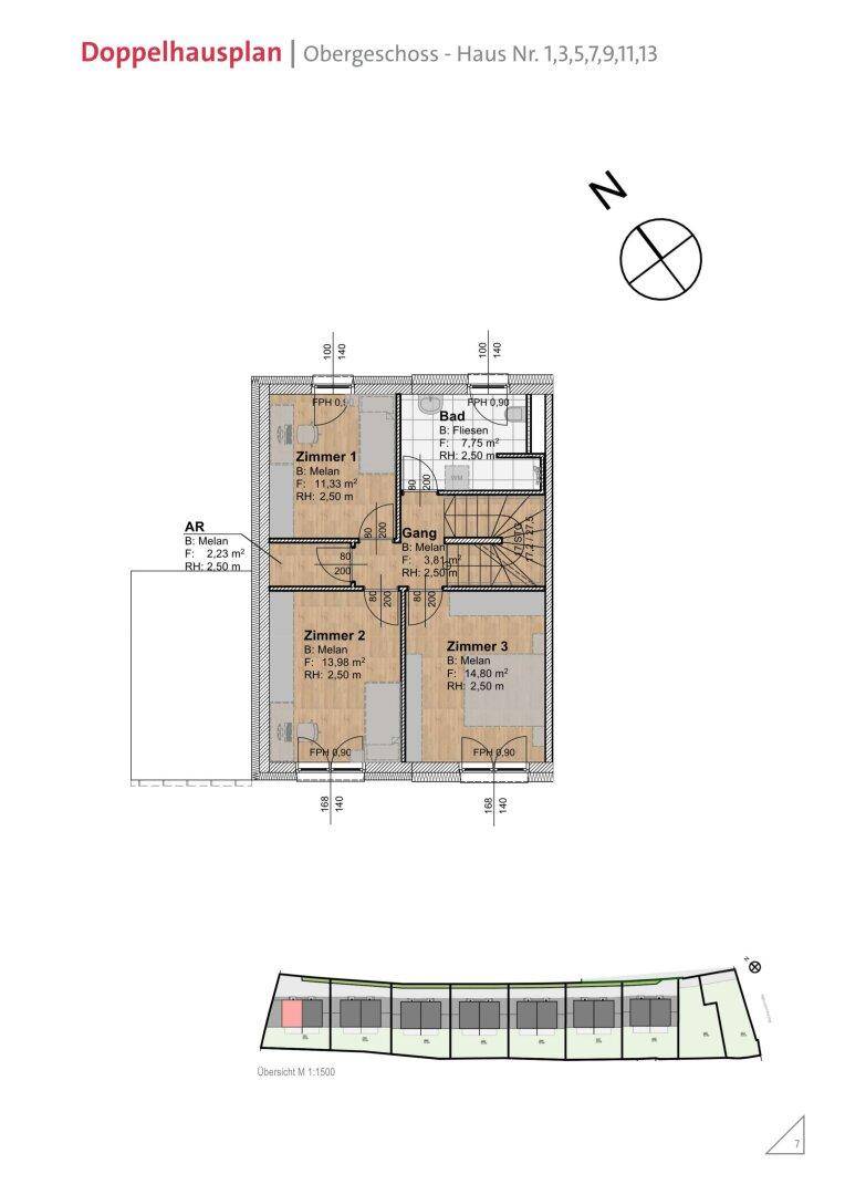 Grundriss des Obergeschosses mit drei Schlafzimmern, einem Badezimmer und einem zentralen Flur.