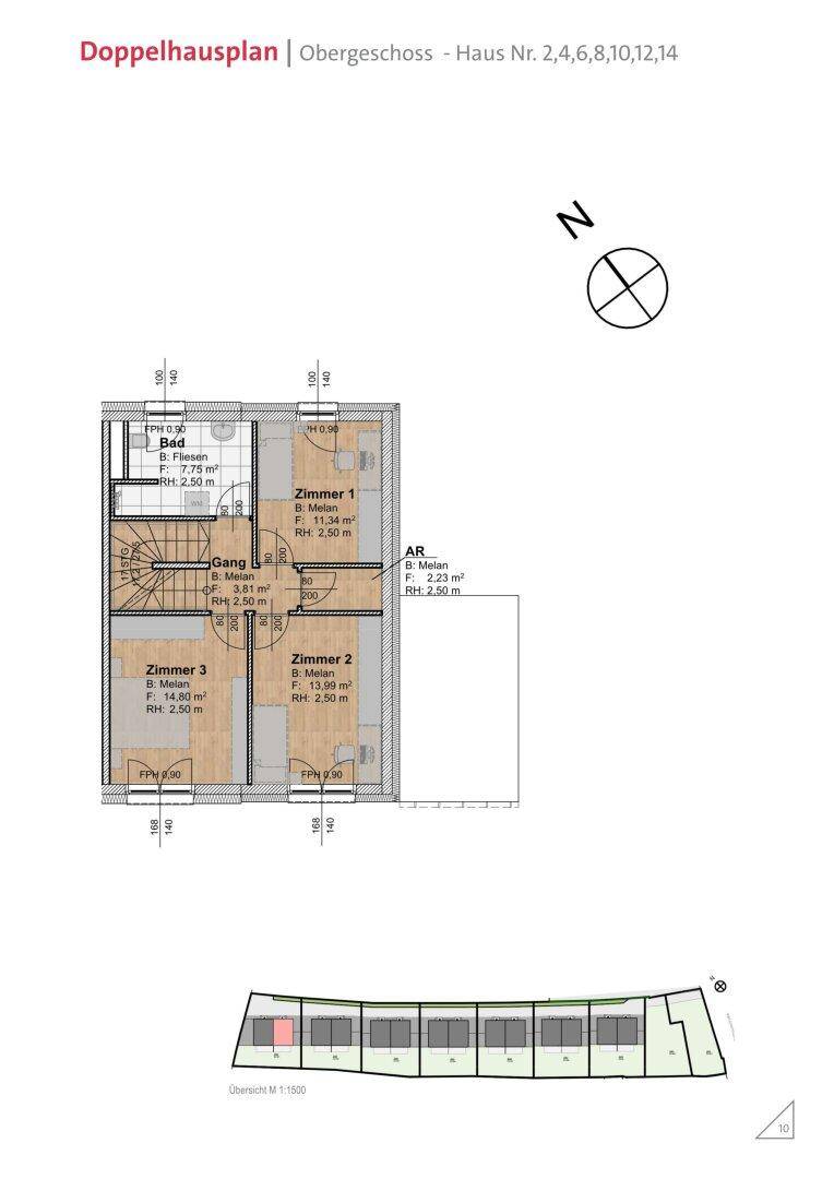 Grundriss des Obergeschosses mit drei Schlafzimmern und einem Badezimmer.