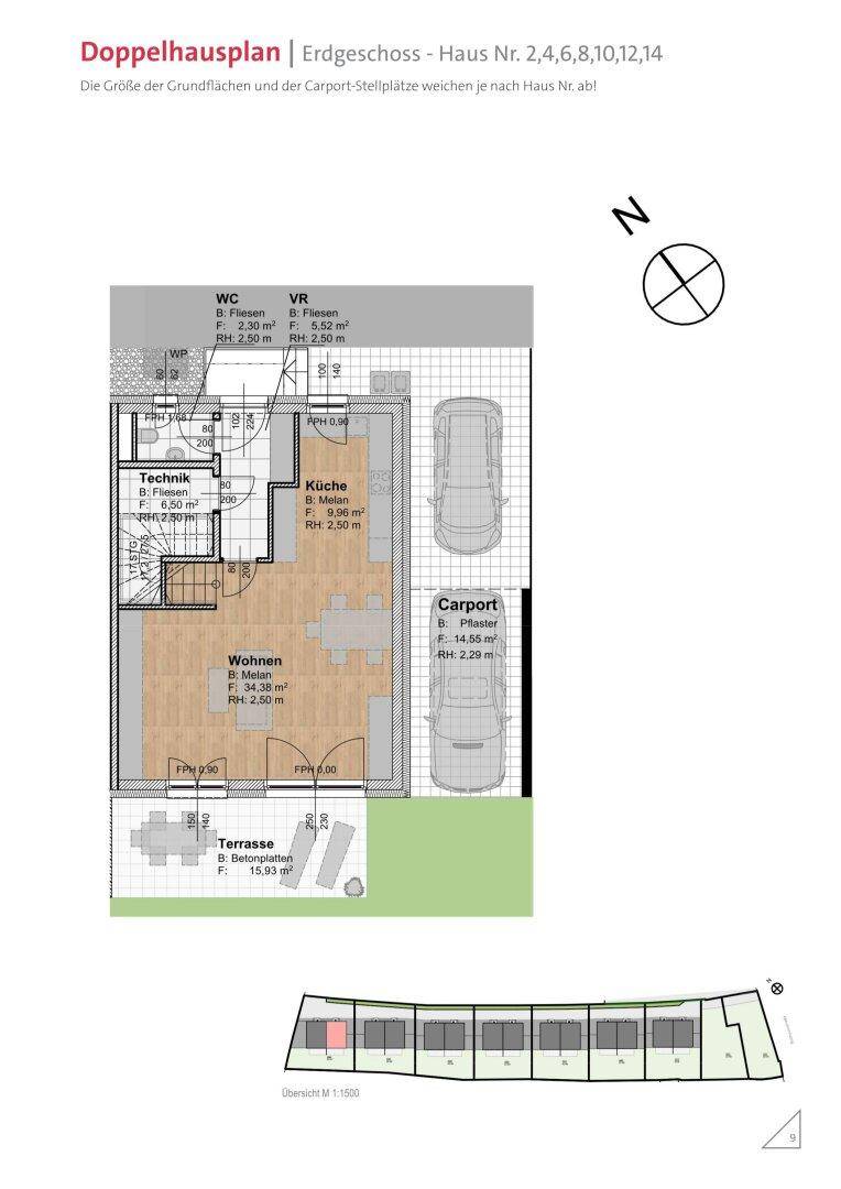 Grundriss des Erdgeschosses mit offenem Wohnbereich, Küche, WC und Zugang zur Terrasse.