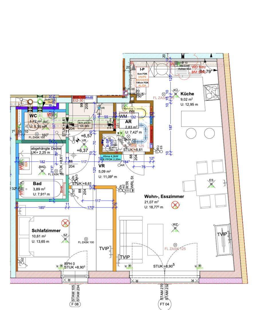 Detaillierter Grundriss mit Wohn-Esszimmer, Küche, Schlafzimmer und zwei Bädern.