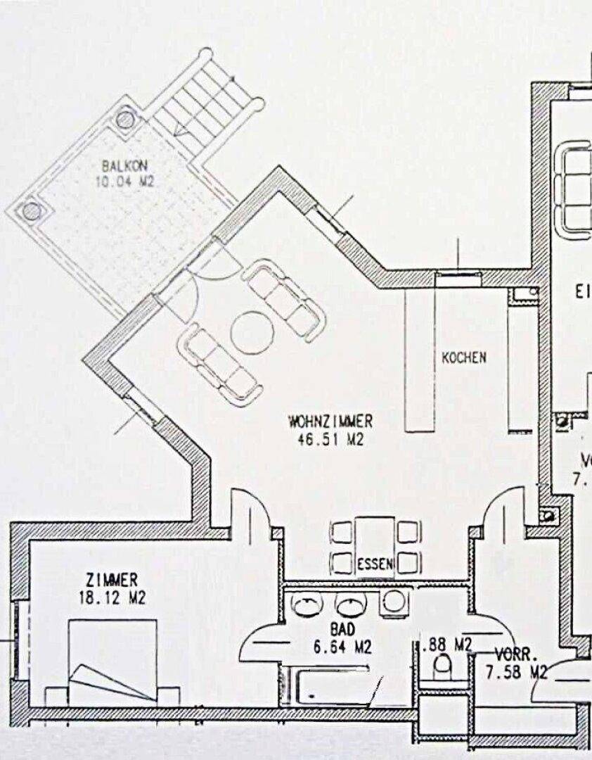 Grundrissplan zeigt Wohnzimmer, Küche, Bad, Zimmer und Balkon mit Maßen.