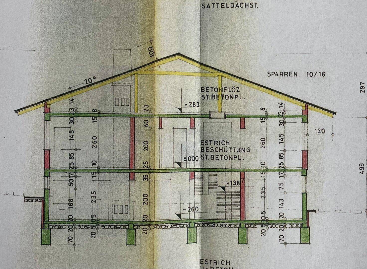 Architektonischer Schnitt des Hauses mit Darstellung der Geschosse und Dachkonstruktion.