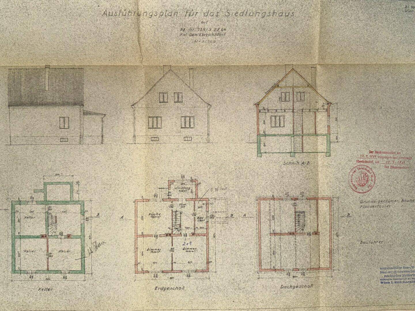 Historischer Ausführungsplan eines Siedlungshauses mit Keller, Erdgeschoss und Dachgeschoss.