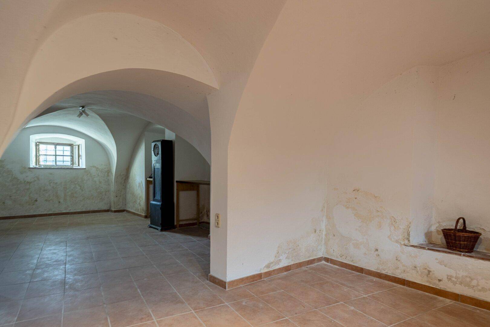 Gewölbekeller mit Fliesenboden, kleinen Fenstern und sichtbaren Feuchtigkeitsspuren an den Wänden.