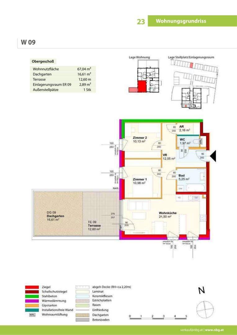 Wohnungsgrundriss W09 mit Dachgarten, Terrasse und drei Zimmern.