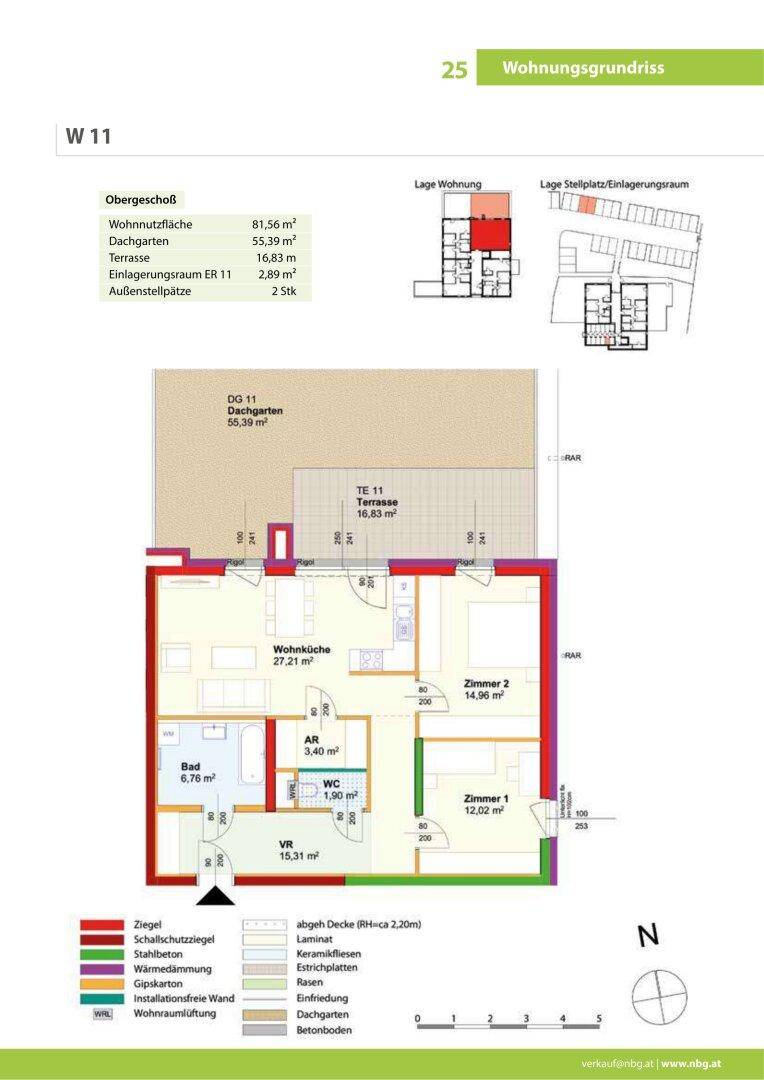 Detaillierter Grundriss einer Wohnung mit Wohnbereich, zwei Zimmern, Bad, WC und einer großzügigen Terrasse.