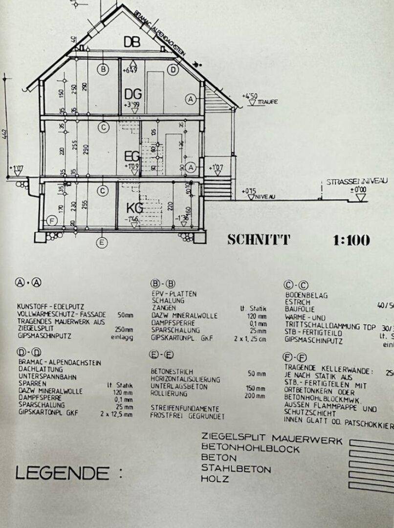 Architektonischer Schnitt des Hauses mit Darstellung der verschiedenen Geschosse und Konstruktionsdetails.