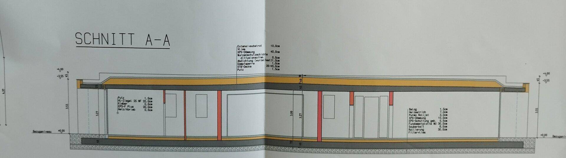 Schnittzeichnung A-A des Gebäudes mit Höhenangaben und Wandstrukturen.