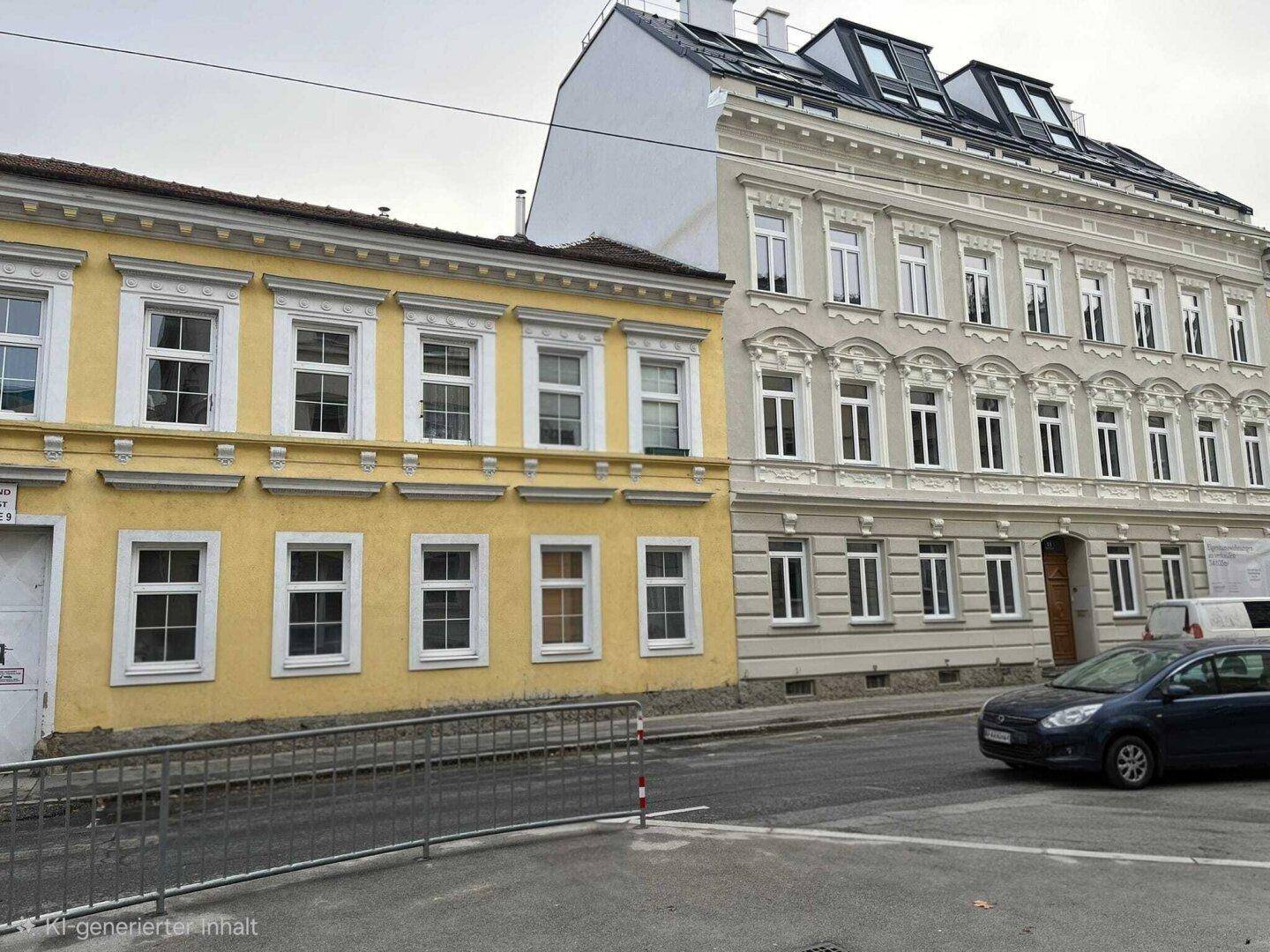 Die gelbe Gebäudefassade an der Straße, flankiert von einem eleganten Nachbargebäude mit Stuckfassade.