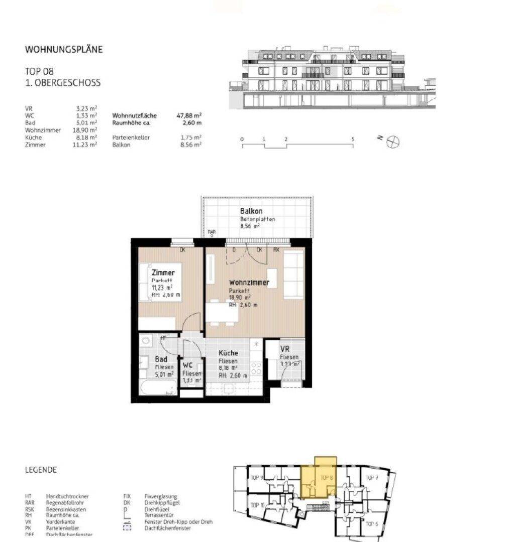 Grundriss der Wohnung Top 08 im 1. Obergeschoss mit Balkon und separaten Zimmern.