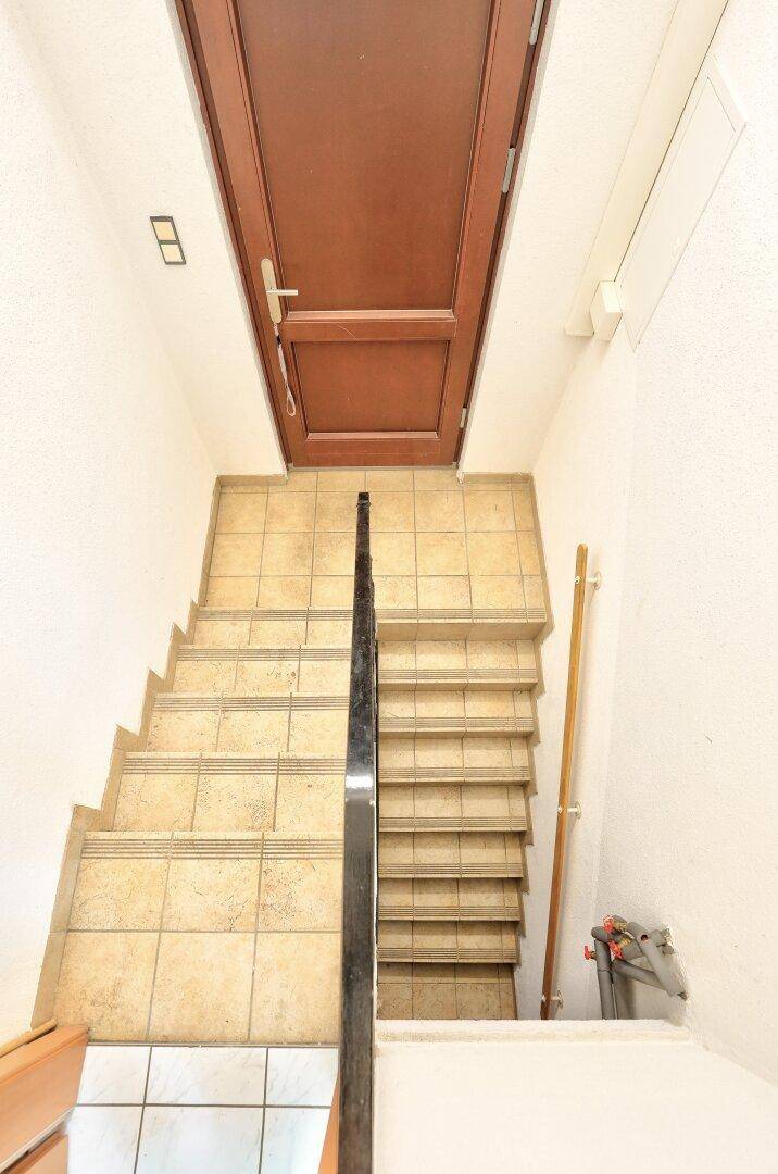 Treppenabgang in den Keller mit gefliesten Stufen und einem stabilen Geländer.