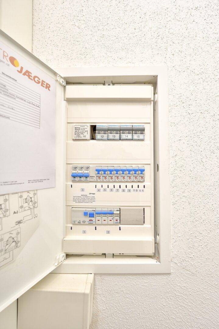 Elektrischer Sicherungskasten in einem Hauswirtschaftsraum, ordentlich installiert und zugänglich.