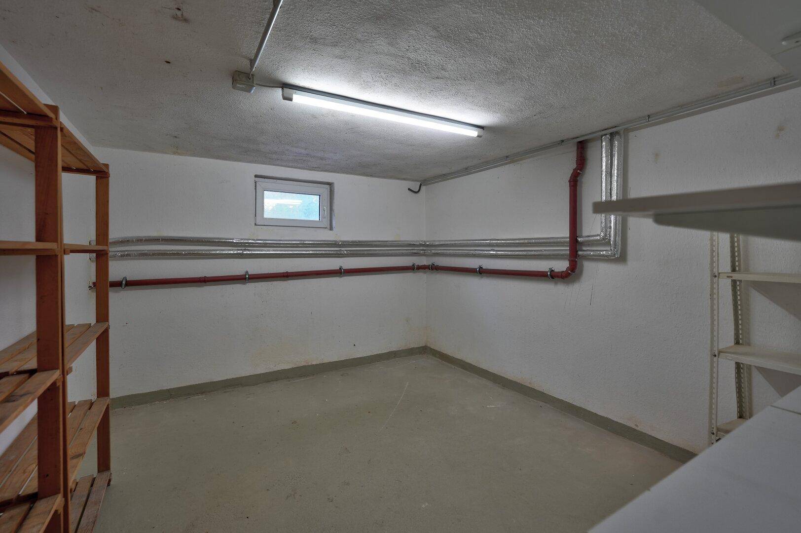 Kellerraum mit Regalen, kleinem Fenster und sichtbaren Leitungen an der Decke und Wand.