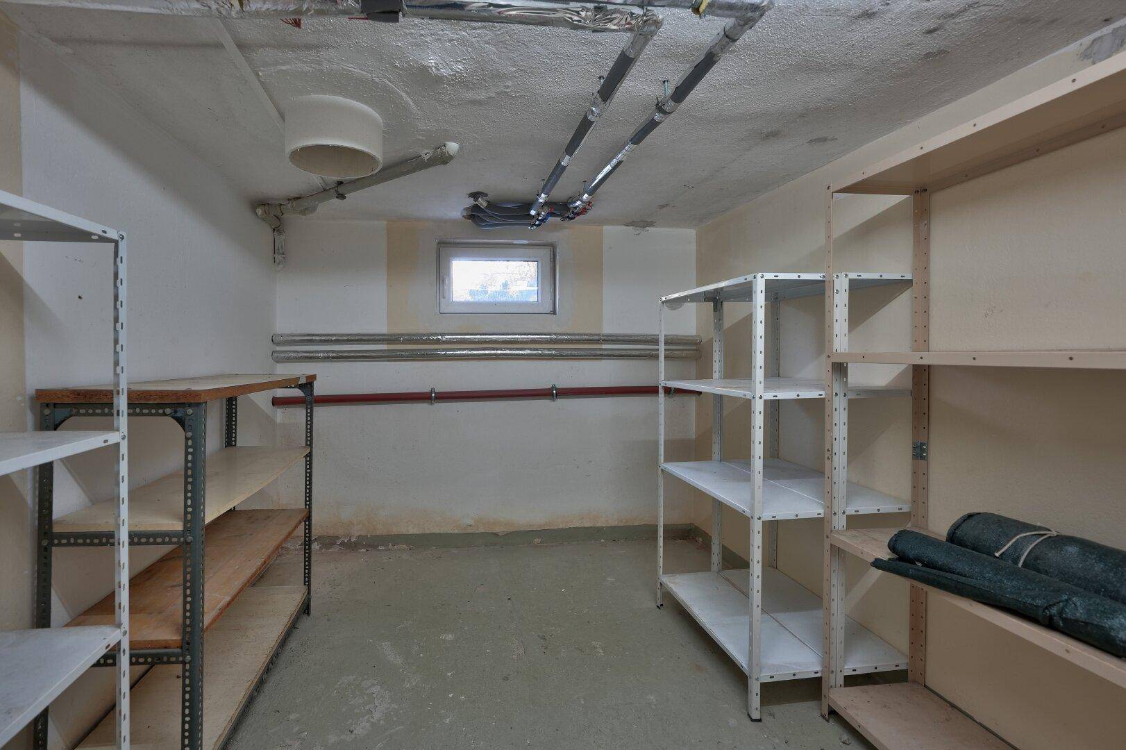 Geräumiger Kellerraum mit verschiedenen Regalsystemen und einem kleinen Fenster für Belüftung.