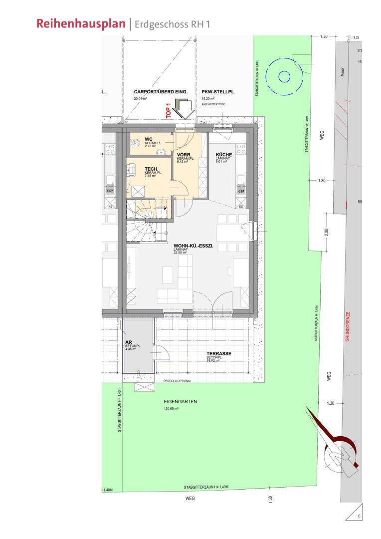 Grundriss des Erdgeschosses mit offenem Wohn-Essbereich, Küche, Terrasse und privatem Garten.