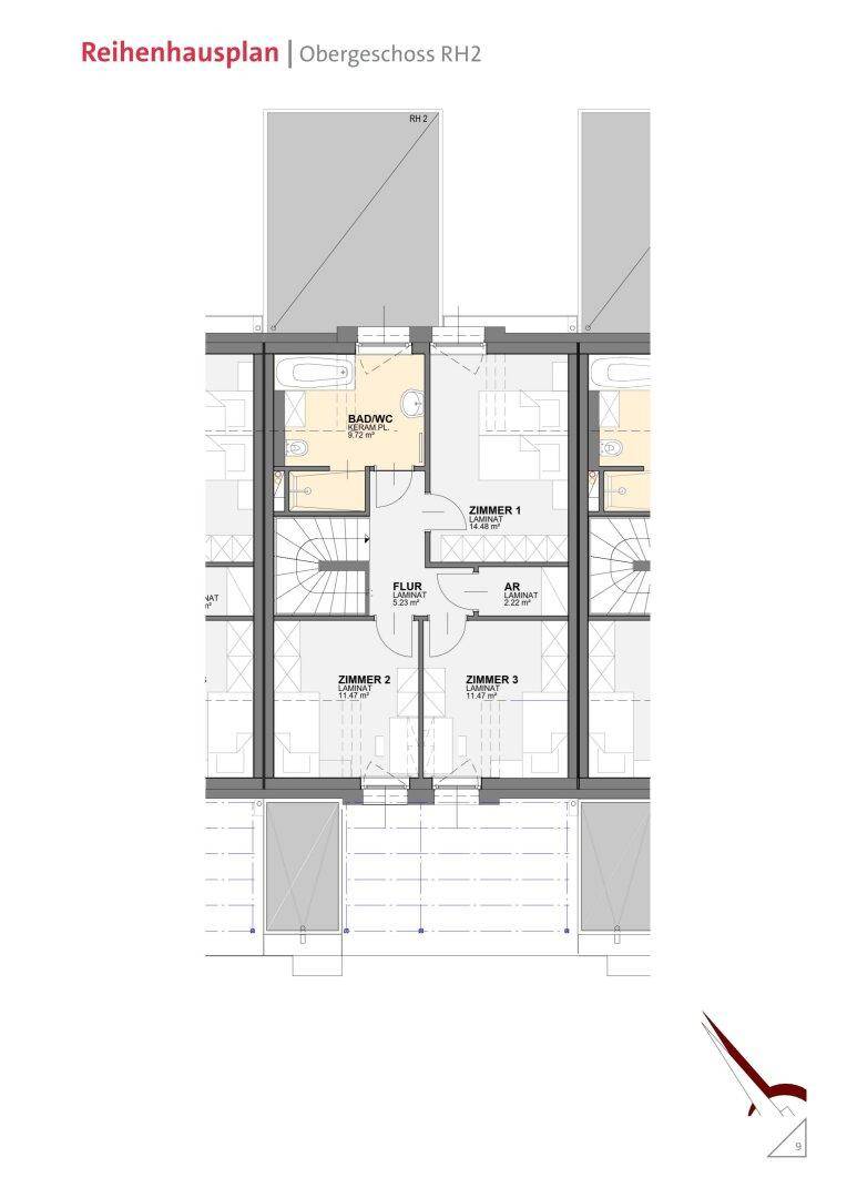 Grundriss des Obergeschosses eines Reihenhauses mit drei Schlafzimmern und einem Badezimmer.