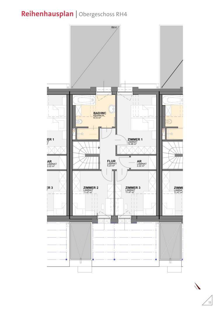 Grundriss des Obergeschosses mit drei Schlafzimmern und einem Badezimmer mit WC.