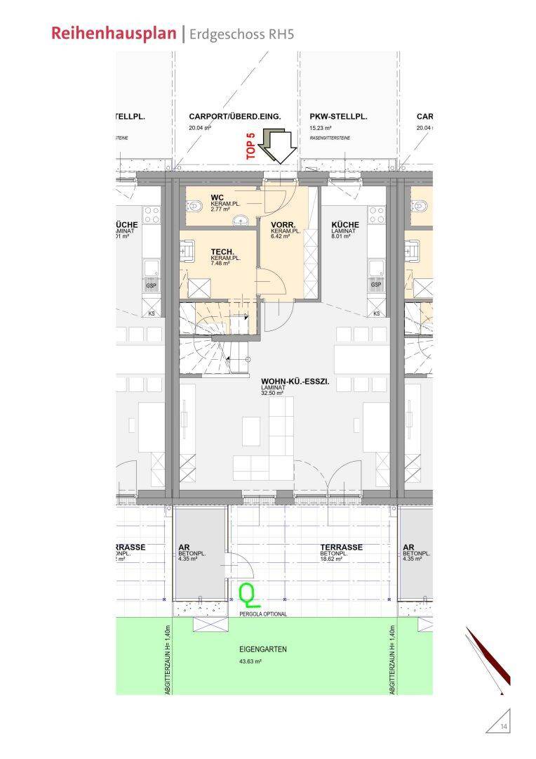 Grundriss des Erdgeschosses mit offener Wohnküche, direktem Zugang zur Terrasse und eigenem Garten.