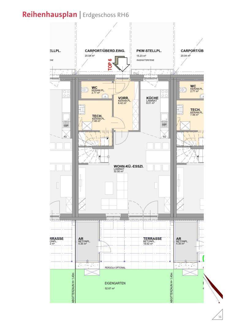 Grundriss des Erdgeschosses mit offenem Wohn-Essbereich, Küche, Gäste-WC und Zugang zur Terrasse und Garten.