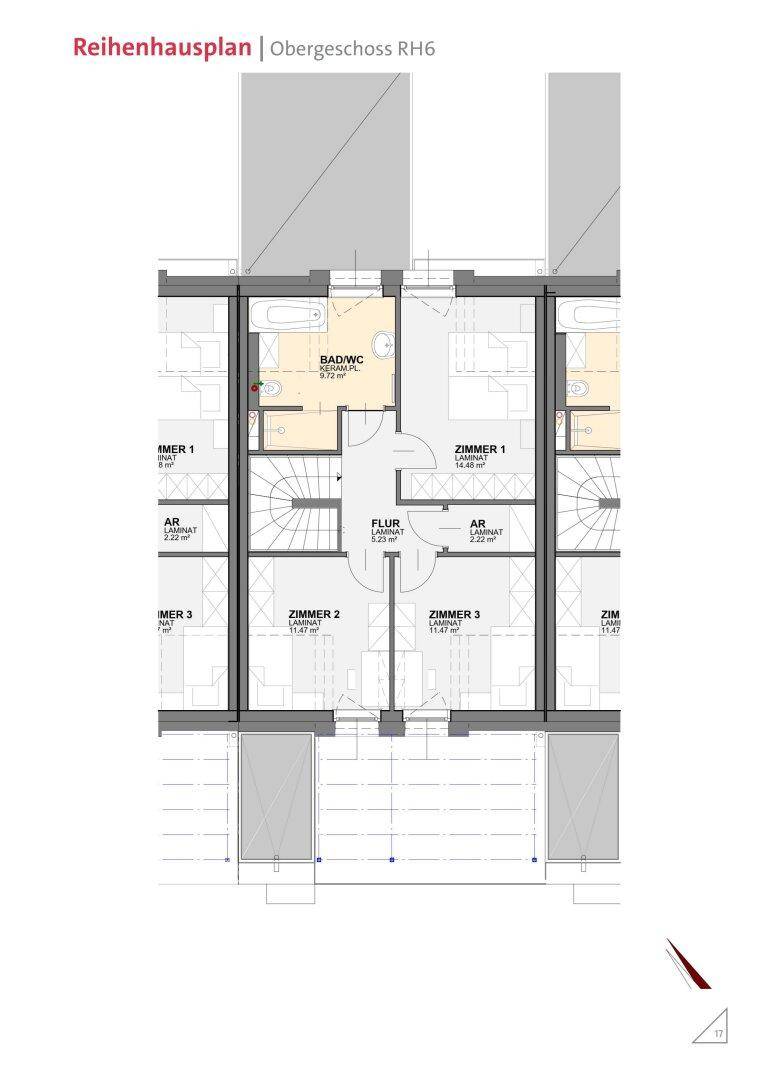 Grundriss des Obergeschosses mit drei Schlafzimmern, einem Badezimmer und Flur.