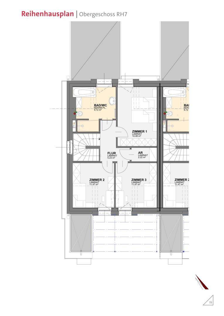 Grundriss des Obergeschosses eines Reihenhauses mit drei Schlafzimmern und einem Badezimmer.