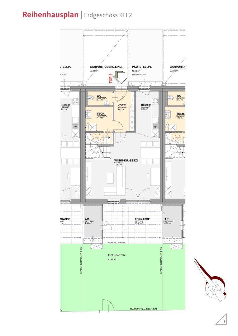 Grundriss des Erdgeschosses eines Reihenhauses mit offenem Wohn-Essbereich, Küche, Terrasse und Garten.