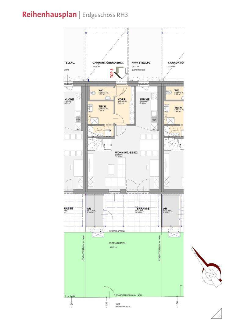 Grundriss des Erdgeschosses eines Reihenhauses mit offener Wohnküche, Terrasse und Garten.