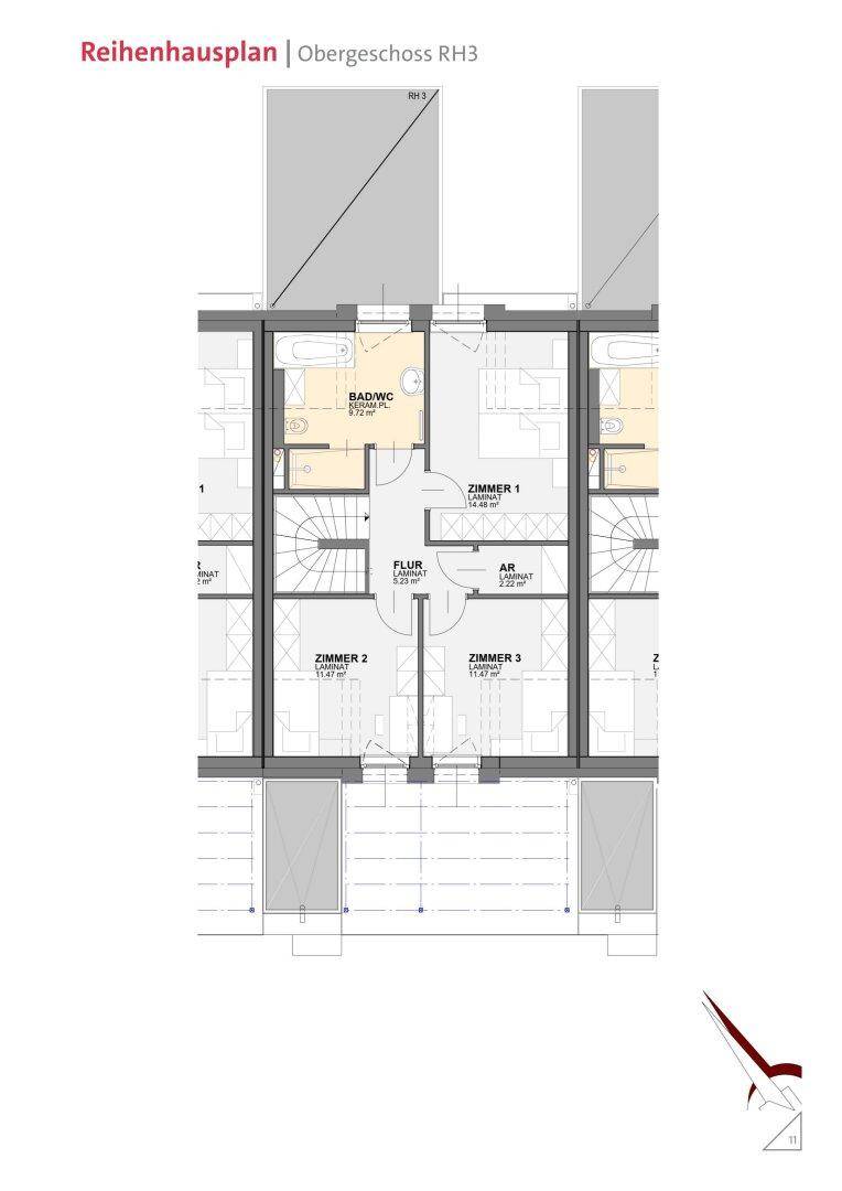Grundriss des Obergeschosses eines Reihenhauses mit drei Schlafzimmern und einem Badezimmer.