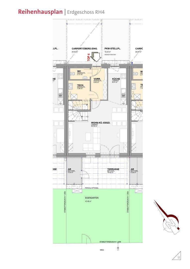 Grundriss des Erdgeschosses eines Reihenhauses mit offenem Wohn-Essbereich, Terrasse und Eigengarten.