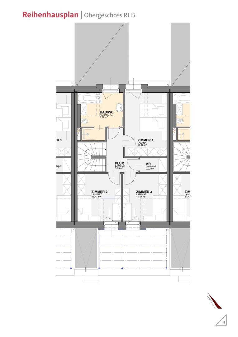 Grundriss des Obergeschosses eines Reihenhauses mit drei Schlafzimmern und einem Badezimmer mit Fenster.
